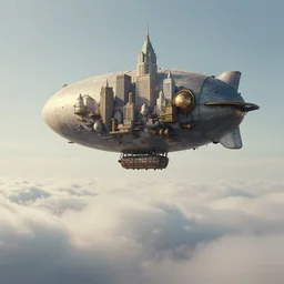 a flying city in a blimp in the sky over the clouds, in the bottom there a lot of fog, steampunk