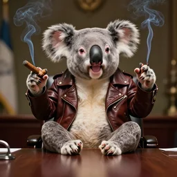 koala in a leather jacket smoking a cigar sitting at a conference table shouting, full body shot, portrait, fantasy, beautiful face, vivid colors, elegant, concept art, sharp focus, digital art, Hyper-realistic, 4K, Unreal Engine, Highly Detailed, HD, Dramatic Lighting by Brom, trending on Artstation