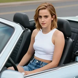 a 4 k photo of emma watson wearing a tiny white crop top and tiny jeans shorts, sitting in a convertible car