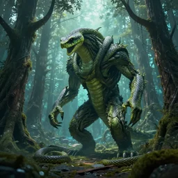monster - trees made from snakes in futuristic spiritual mystical post apocalyptic forest from ukraine, dim painterly volumetric aquatic lighting, beautiful, crisp, artstation, highly detailed