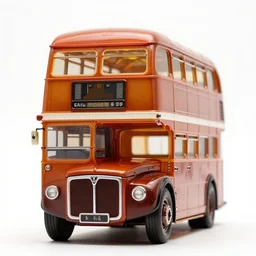 amber double decker bus, high detail macro photography, isolated on a pure white background, centered, entire object in frame, sharp focus, soft studio lighting
