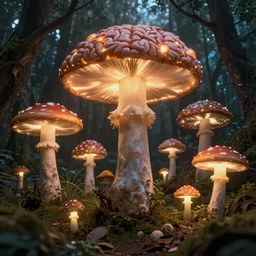a weird magical forest with giant glowing mushrooms made entirely out of human brains. Highly detailed. 8k. Fantasy horror.