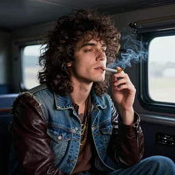 “Portrait of a pretty punk rock young man with messy long curly dark brown hair and a denim vest over a leather jacket smoking a cigarette in a dark trailer while watching tv, american portraiture, 80s nostalgia”