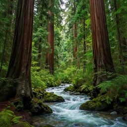 giant redwoods, muir woods, roaring river, marin, lush green, magical secret forest, photorealistic, hyper real