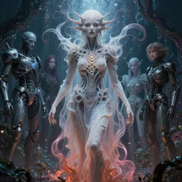 vaporwave ombre, sinister eldritch neural diaphanous skullpunk spirits in the enchanted intergalactic mecha garden, man - machine chimeric beholder polyphemous by okuda san miguel by jerimiah ketner by tatsuyuki tanaka by agostino arrivabene and wayne england