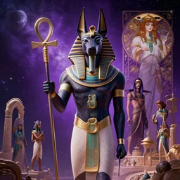 highly detailed vfx portrait of egyptian god anubis with ankh staff floating in space purples, unreal engine, greg rutkowski, loish, rhads, beeple, makoto shinkai and lois van baarle, ilya kuvshinov, rossdraws, tom bagshaw, alphonse mucha, global illumination, detailed and intricate environment