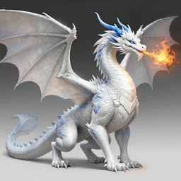 a large, white dragon with blue accents. it has a long neck, and its body is covered in scales. its wings are enormous, and it has a long tail. it has a regal, regal appearance, breathing fire. intricate, elegant, highly detailed, digital painting, artstation, concept art, sharp focus, illustration, art by artgerm and greg rutkowski, artey