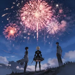 sky of fireworks seen from high up in the sky by makoto shinkai, nier atutomata environment concept art, greg rutkowski and krenzcushart