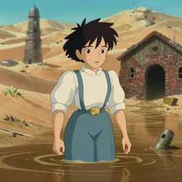cartoon from howl's moving castle ( 2 0 0 4 ) of a flooded desert prison, hq, depth of field.