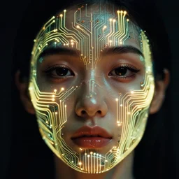 symmetry!! a 2 8 mm macro photograph of the face of a beautiful woman covered in glowing circuits, photography, film, film grain, canon 5 0 mm, cinematic lighting