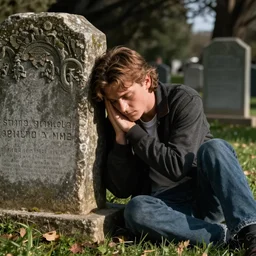 stand by me river phoenix leaning on a grave stone, sadness, matte detailed photo, DeviantArt, Artstation, by donato giancola, ralph horley, loish, cinematic lighting