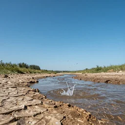 Big drops of water flying upwards from a dried up river into a cloudless blue sky, hyper detailed photorealistic