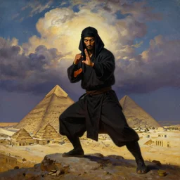 a dark orientalist close portrait of an egyptian / arabic style kung fu - monk with piercing eyes, in a fighting pose on top of a pyramid overlooking the ancient monumental egyptian ruin city at dusk under dramatic skies with billowing cumulus clouds, painted by anders zorn, craig mullins