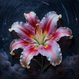 detailed fantastic flower lily by artstation bruce pennington, bas - relief, dark night, neon lights, reflections ray, tracingstar trails, dramatic light, fluffy clouds, digital painting, igh detailed, 8 k render, perfect shape, hyperrealistic