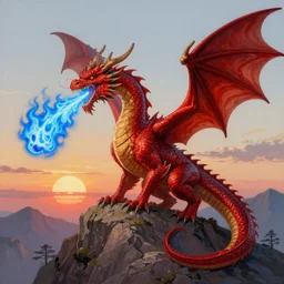 a very detailed painting of a crimson dragon spitting out hot blue flames out of it's mouth while on top a mountain under the beautiful setting sun