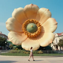 giant flower head, woman walking through city, surreal photography, cinematic, blue sky, symmetry, detailed, retro, wes anderson
