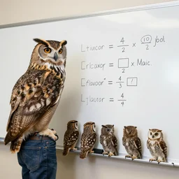 professional photograph of one large owl teaching six small owls how to solve algorithmic problems on a whiteboard