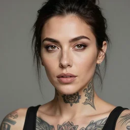 realistic photograph of a woman with tattoos, highly detailed, portrait, close - up,