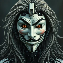 perfectly centered portrait, front view of a beautiful biomechanical android alien anonymous guy fawkes robot, female, flowing hair, intense stare, sarcastic smile, symmetrical, concept art, intricate detail, volumetric shadows and lighting, realistic oil painting by tim hildebrandt,