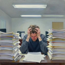 alex jones inside an american office under fluorescent lights, sorrounded by piles of papers, stressed, oil painting, sharp brush strokes