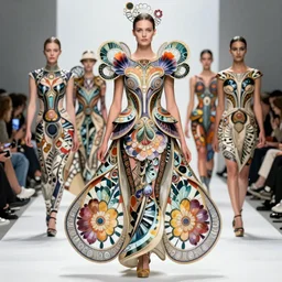 a model wearing an intricate detailed ornate design floral fractals combat dress by anny leibovitz, greg rutkowski, paolo roversi, ( ( ( mucha ) ) ) ( ( ( iris van herpen ) ) )