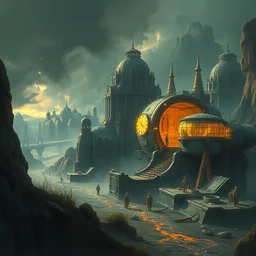 a time machine creating a utopia. highly detailed, digital painting, loose brush strokes, realistic shaded lighting, artstation, concept art, smooth, sharp focus, illustration, realism, oil painting, unreal engine 5, 8 k, art by by zdzisław beksinski, by takato yamamoto, peter mohrbacher and sam spratt, grey rutkowski, iris van