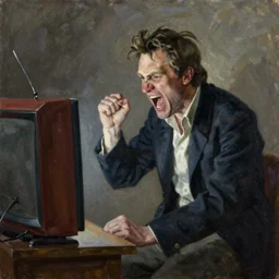 portrait of jay bauman yelling at a tv, oil on canvas by william sidney mount, trending on artstation