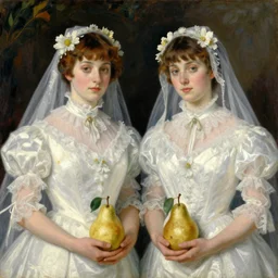 vintage beautiful painting of two brides holding two pears in Mary Cassatt style