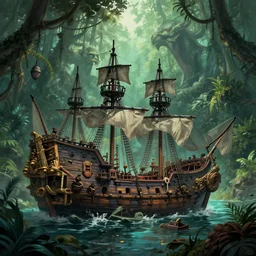 the wreckage of a legendary pirate ship found in front of a magical treasure guarded by a mythical beast in a dense tropical jungle, digital painting, concept art, artstation