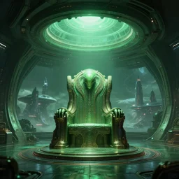 breathtaking interior design, greenish colors, alien God throne room, sci-fi-interior-lighting, interplanetary-skyline-view, alien-UFO-design, alienpunk, alien, otherworldly, 4k, dramatic, cinematic, octane