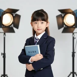 5 - year - old chinese girl dressed in a suit, holding a book, portrait shot. studio lights, 4 k