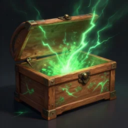 mystical wooden chest with green lightning, digital art, detailed, 4 k, art station