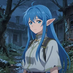beautiful young elf woman with blue hair and elf ears anime abandoned city scene spring night rainy setting, expert high detail concept art, perfect proportions fine face, realistic shaded lighting poster ilya kuvshinov, katsuhiro, jeremy lipkin and michael germash, makoto shinkai, loish and clamp style, trending on art station, best selling artist