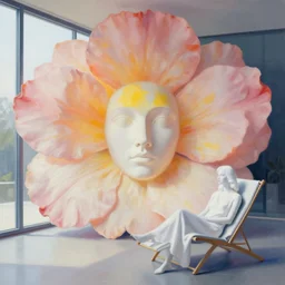 closeup, giant flower face, white woman sitting on lounge chair by a modern window, surreal photography, studio light, impressionist painting, digital painting, artstation, simon stalenhag