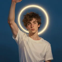 young male, halo, raising his arm, greg rutkowski