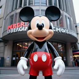 photographic shot of mickey mouse wearing a latex outfit in front of berghain, berlin style, photography by sven marquardt, highly detailed, photorealistic, 4 k