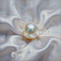 a beautiful painting of a singular pearl, shining its iridescent pearlescence across a tumultuous luxury of iridescent satin luminescent folds by greg rutkowski and thomas kinkade, trending on artstation.