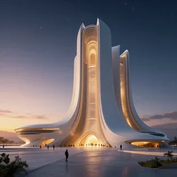 exterior shot of utopian architecture building with cinematic lighting by zaha hadid and renzo piano, darek zabrocki and greg ruthkowski, alphonse mucha, simon stalenhag, cinematic, stars, beautiful, holy place, paradise, scifi, futurism, atmospheric, sunset, concept art, artstation, trending on artstation
