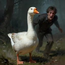 a horror art of goose chasing a man, very dreadful goose looking at the viewer, goose, matte painting, dnd, trending on artstation, volumetric lighting, realistic shaded, zdislaw beksinski, spooky, horror art, panic, dread, terror