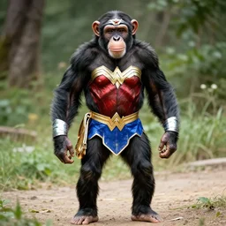 Full body photos of a beautiful Chimpanzee dressed as Wonder Woman. Hyperreal, photorealistic, photography in the style of Annie Leibovitz