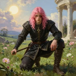 medieval noble male with pink hair and pink bangs which partly cover his face, full body view, dramatic pose, blood on his face, photorealistic oil painting in medieval style, sun in the sky, bloom, green grassy land and white marble columns in the background