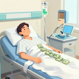 a hospital patient on a drip filled with green dollar bills, digital illustration, talented