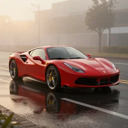 parked red Ferrari sports car, fog, rain, volumetric lighting, beautiful, golden hour, sharp focus, highly detailed, cgsociety