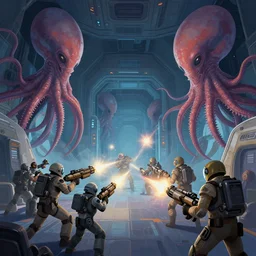 space soldiers with blasters shoot blasters at giant alien squids inside the corridors of spaceship, vector behance hd jesper ejsing, highly detailed, digital painting, artstation, concept art, smooth, illustration, art by artgerm and rhads and makoto shinkai and lois van baarle and ilya kuvshinov and rossdraws, 8 k