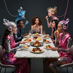 !13 diverse bro, why?! what's wrong with people, !one_side of a !marble table, eating luxurios food !!posing cinematic lighting, intricate cables adorne their bodies and heads, neon, detailed implants, satin, crystal, liquid, surreal, floating, !!highly detalied,