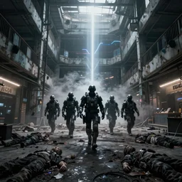 low wide angle photo of a abandoned cyberpunk shopping mall with dead human bodies on the floor, a crew of high tech soliders are coming in, cinematic lightning, ray tracing, unreal engine, photorealistic, detailed, dark, moody, foggy, scary