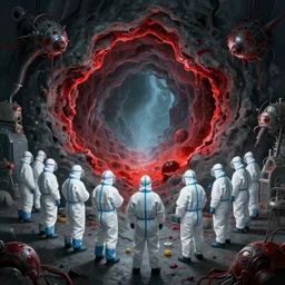 wide - shot photo of a group of scientists in hazmat suits, studying a hell open rift portal, by shaun tan, codachrome, hellish, unsettling, otherworldly, blood, machines, 8 k, hd, highly detailed,