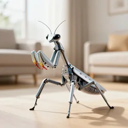 promotional photo from sony of a pet robotic praying - mantis made of plastic and metal, in a sunny living - room.