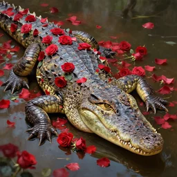a crocodile covered in roses. highly detailed digital painting by greg rutkowski.