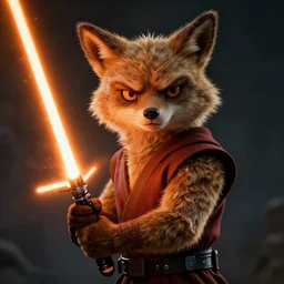 portrait, anthropomorphic coyote Jedi wielding an orange lightsaber, dramatic lighting, cinematic, establishing shot, extremely high detail, photo realistic, post processed, artstation, matte painting, style by eddie mendoza, raphael lacoste, alex ross